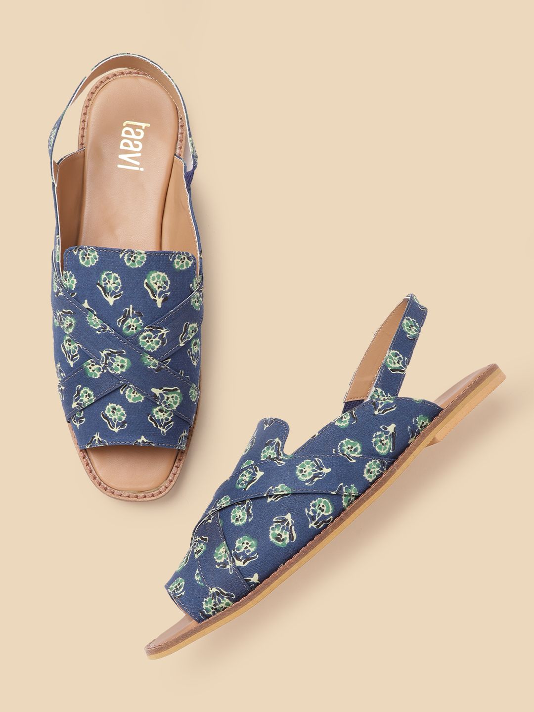 Taavi Women Navy Blue & Green Ethnic Motifs Printed Mules with Criss-Cross Detail Price in India