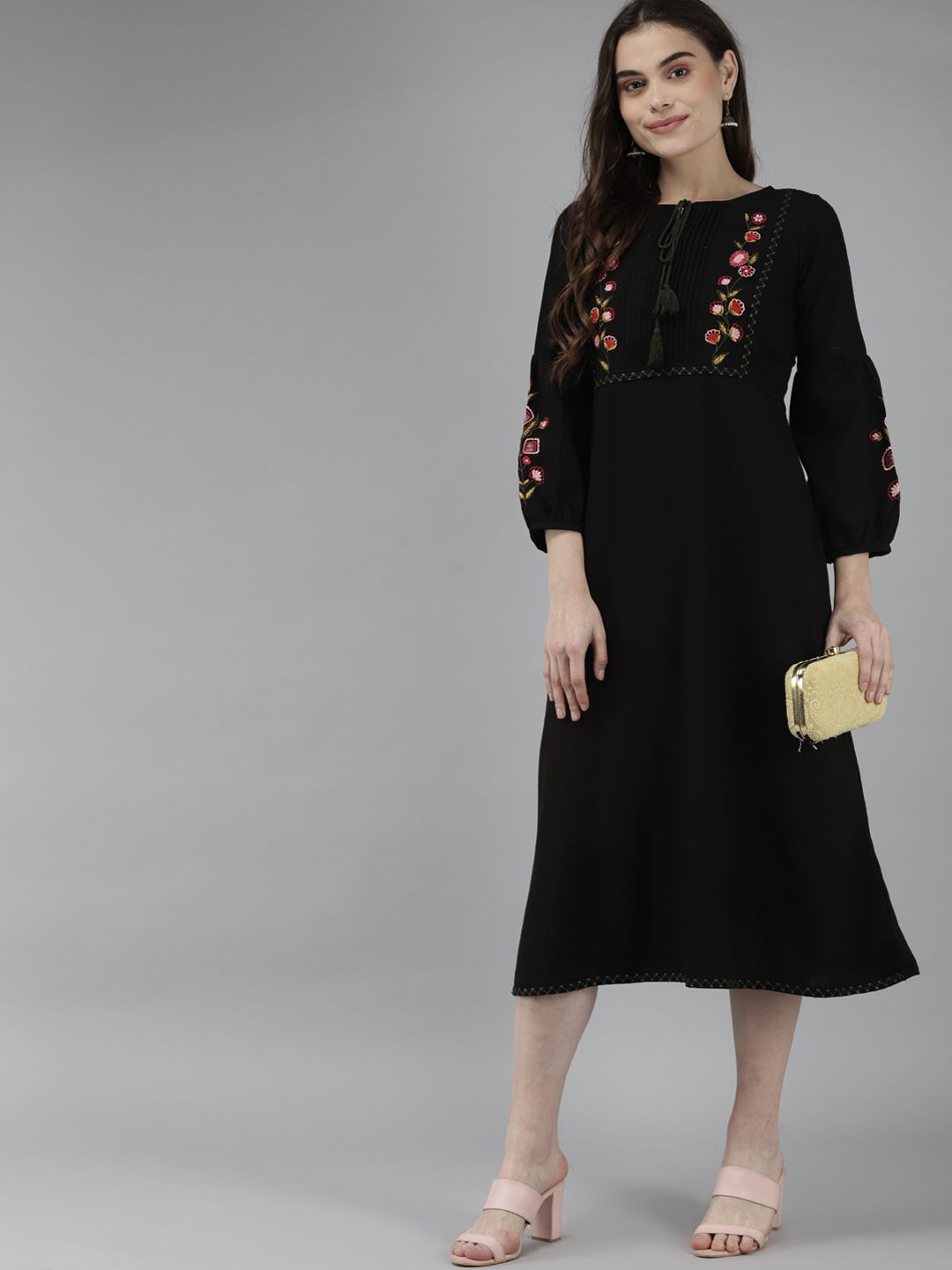Yufta Women Black Pure Cotton Floral Embroidered A-Line Dress Price in India