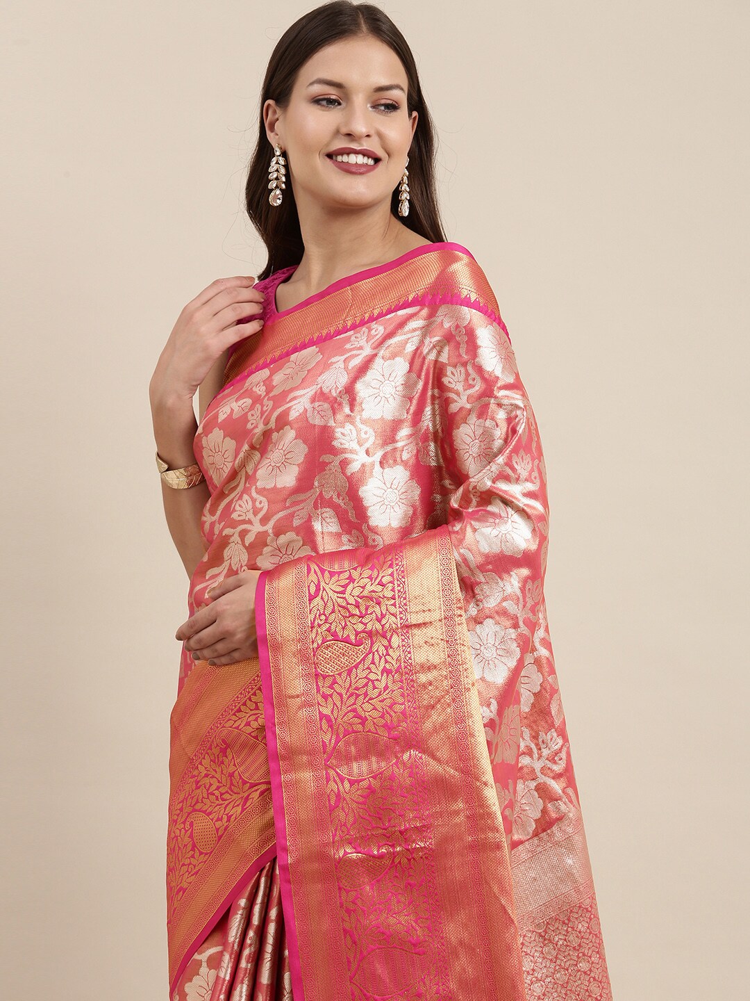 VASTRANAND Pink Floral Zari Tissue Kanjeevaram Saree Price in India