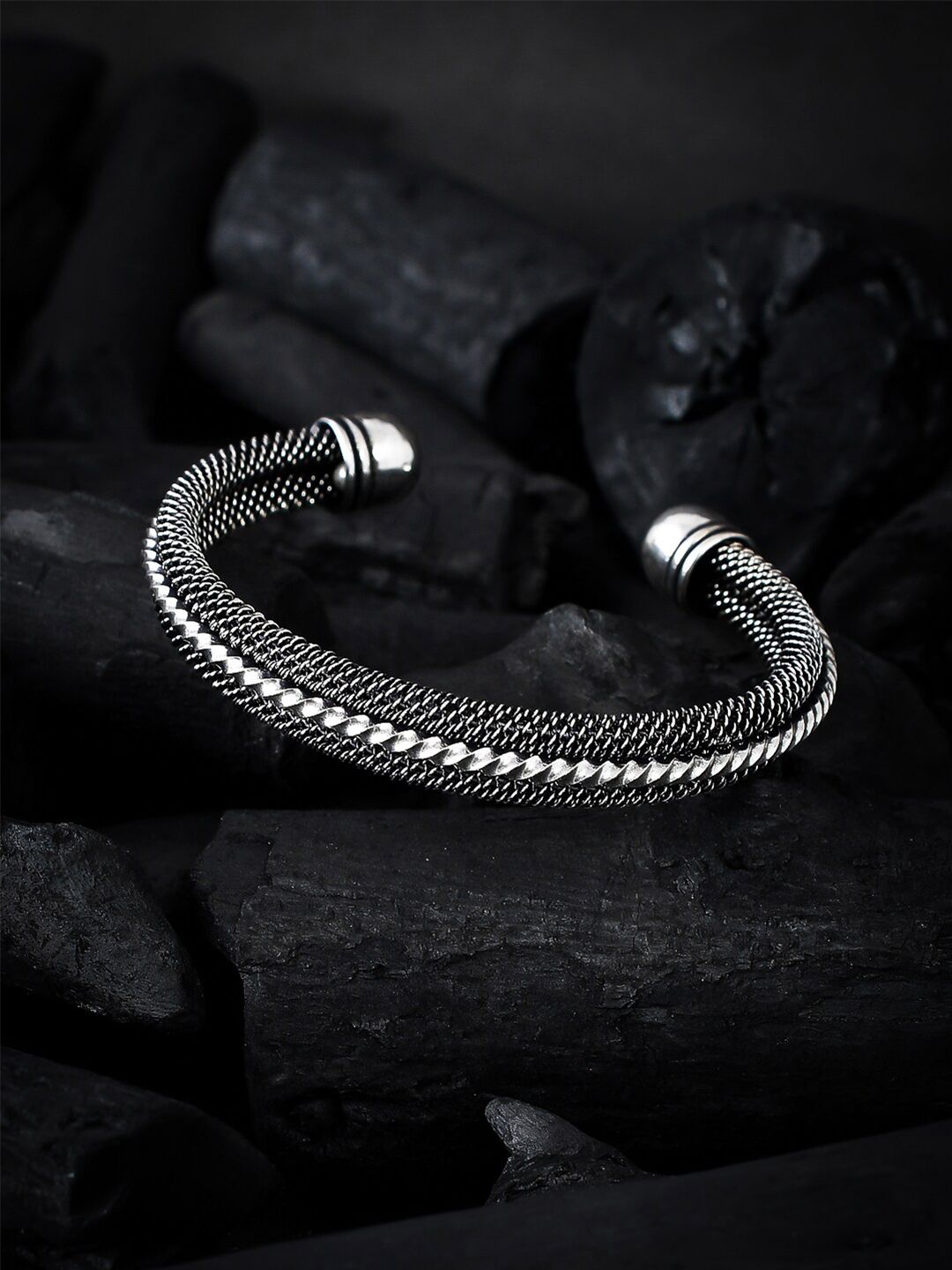 Silvermerc Designs Women Silver-Toned Brass Oxidised Silver-Plated Cuff Bracelet Price in India