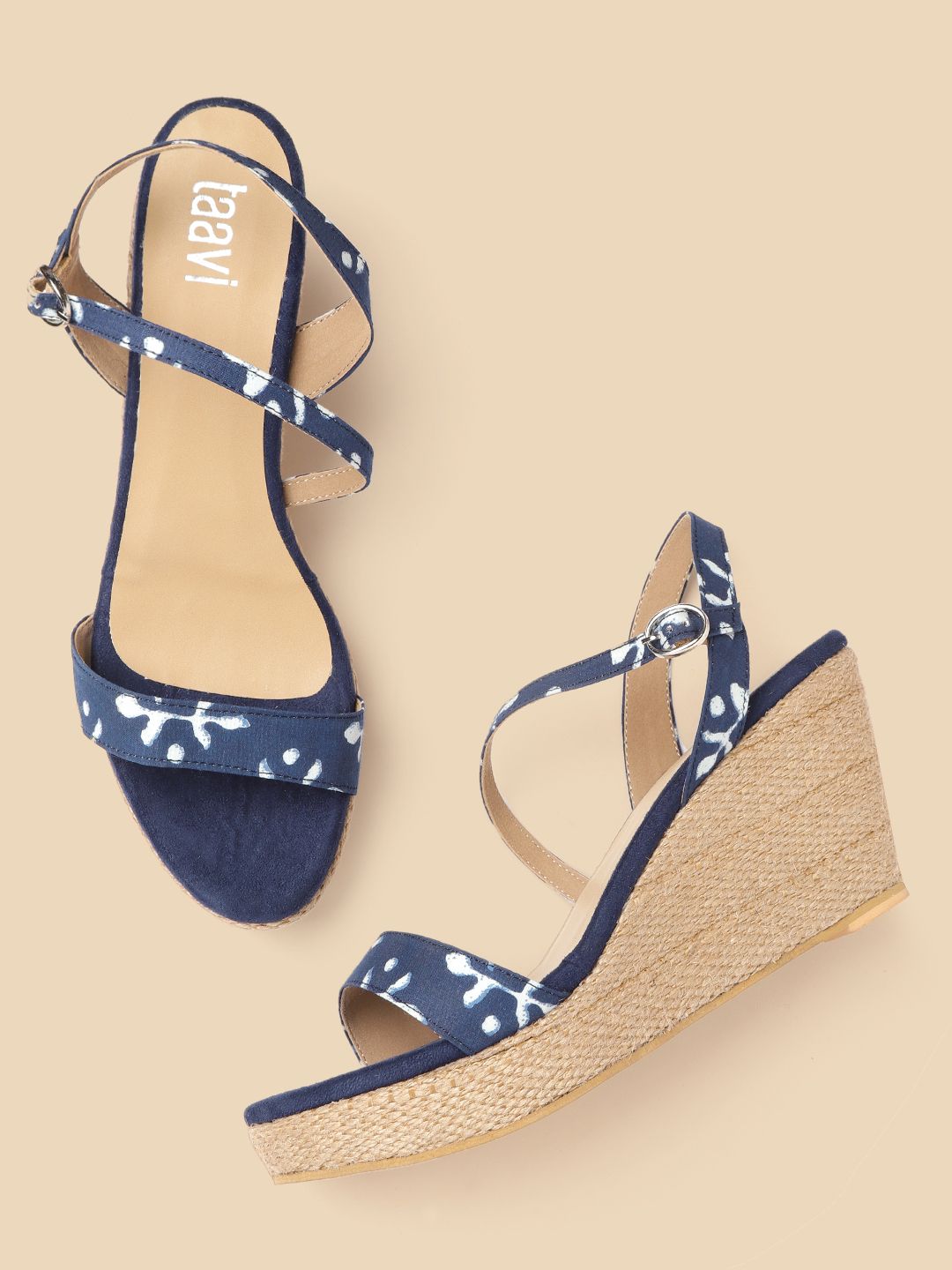 Taavi Navy Blue & White Printed Wedges Price in India