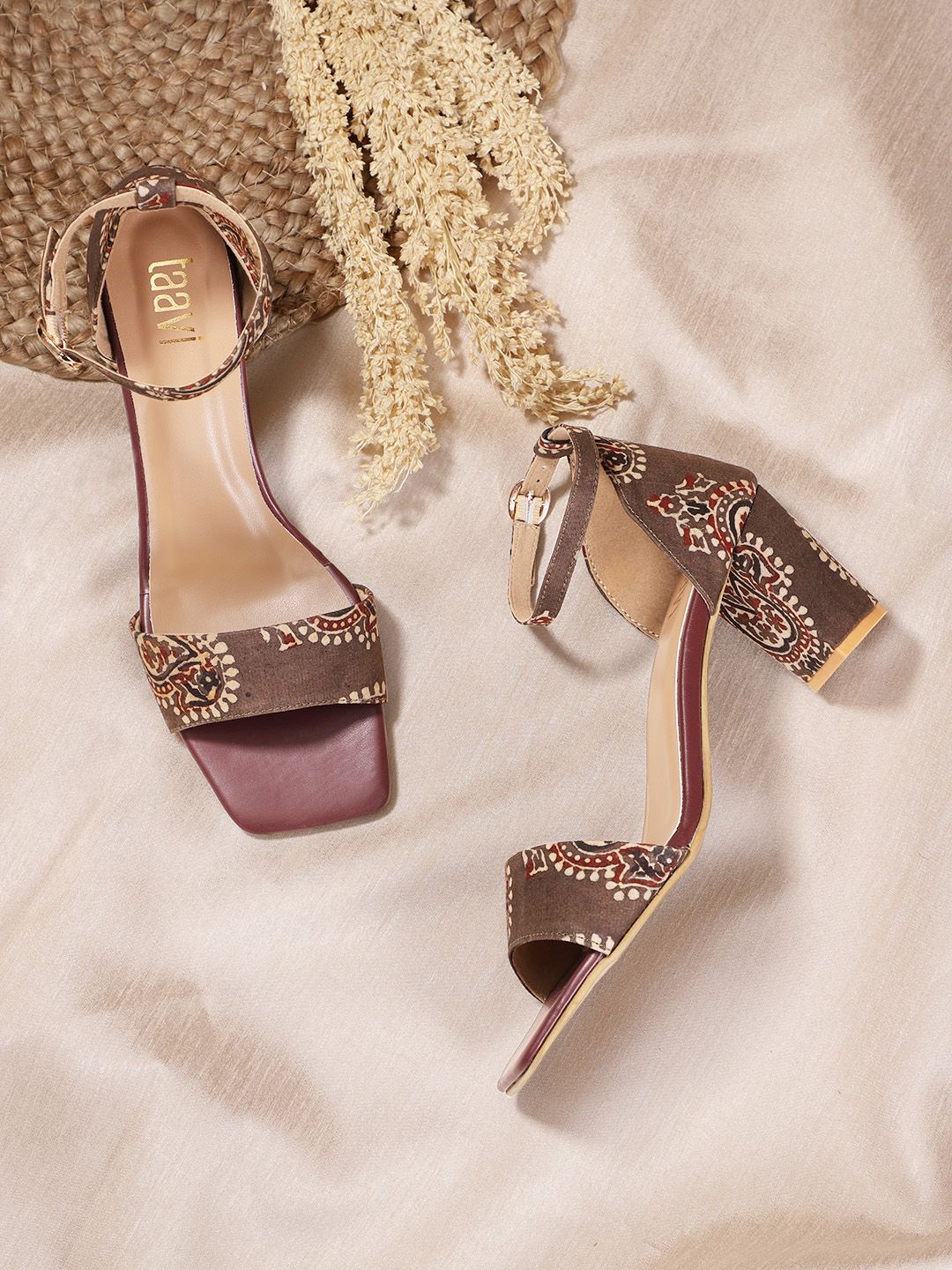 Taavi Brown & Maroon Printed  Block Heels Price in India