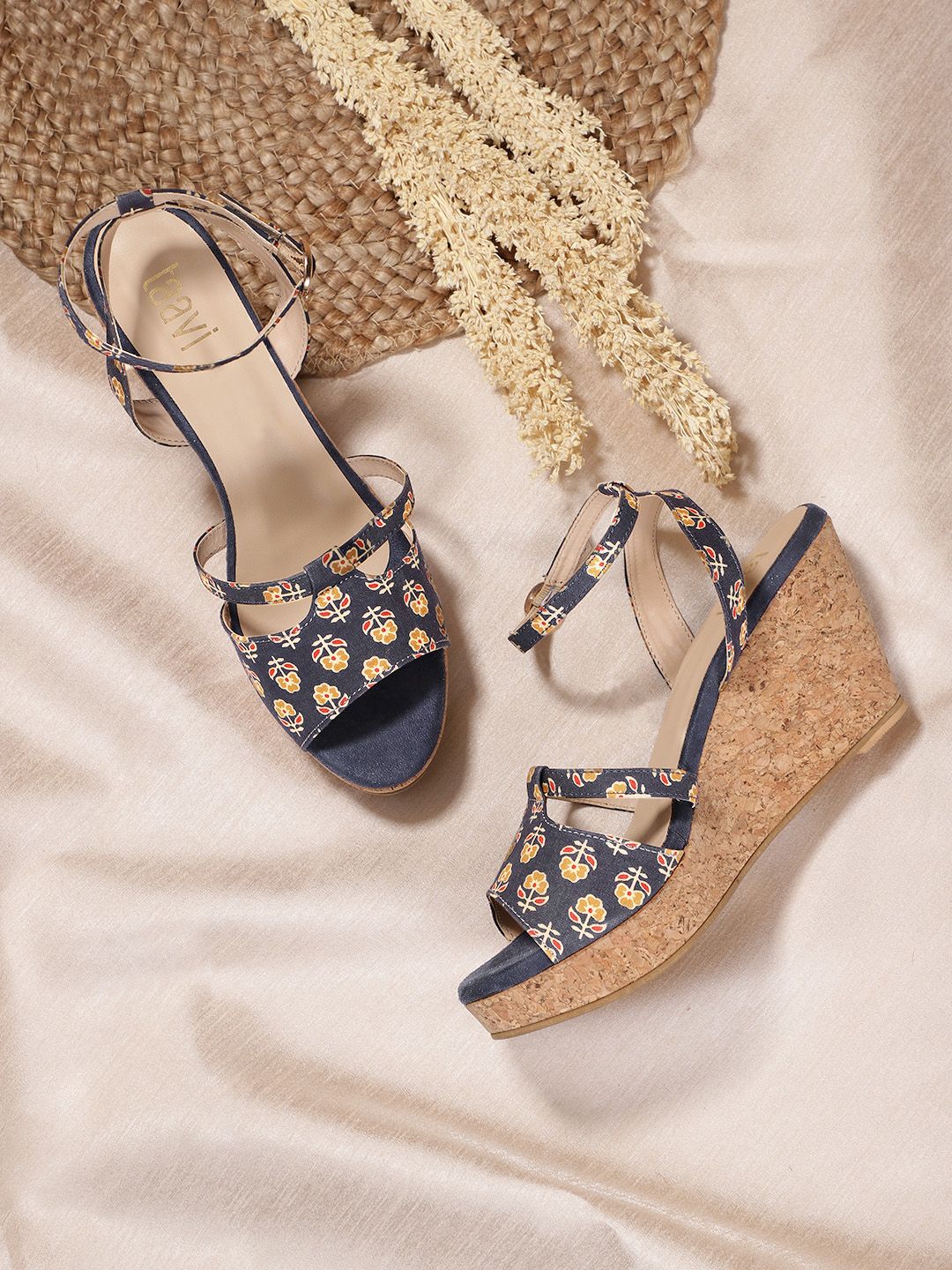 Taavi Navy Blue & Beige Floral Printed Wedges Price in India