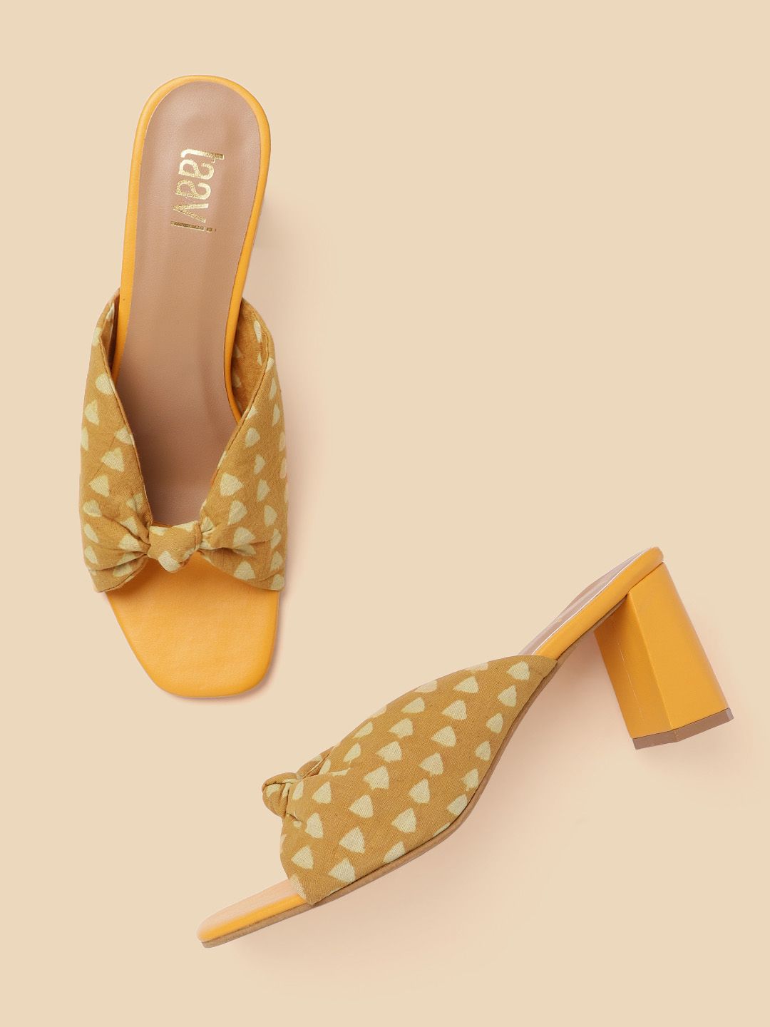 Taavi Mustard Yellow & Beige Printed Block Heels Price in India