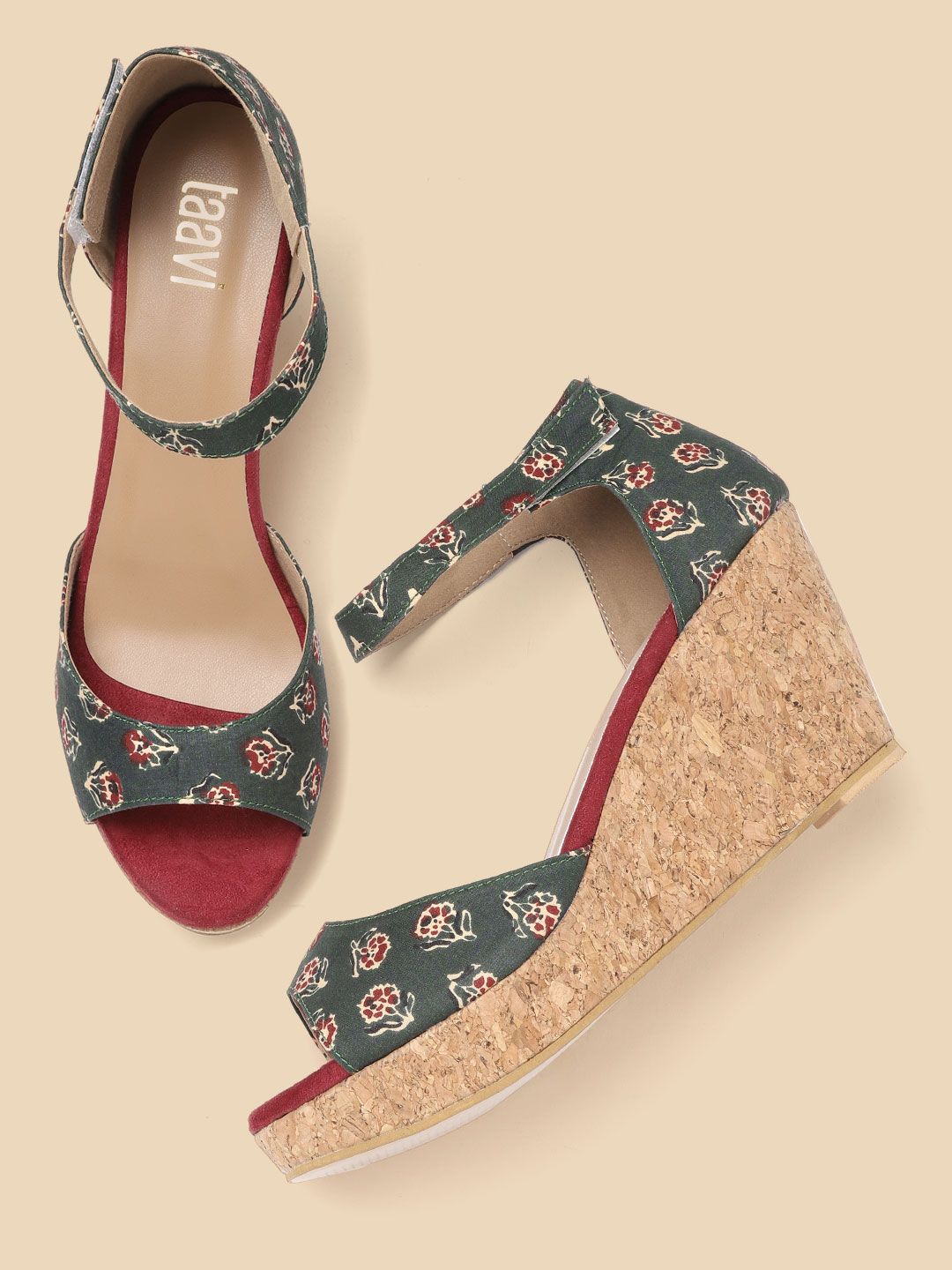 Taavi Green & Beige Floral Print Wedge Heels Price in India