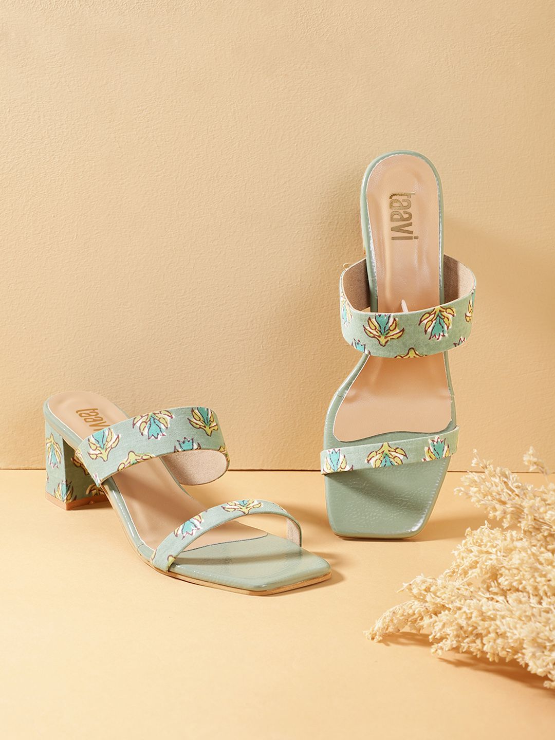 Taavi Sea Green & Blue Printed Block Heels Price in India