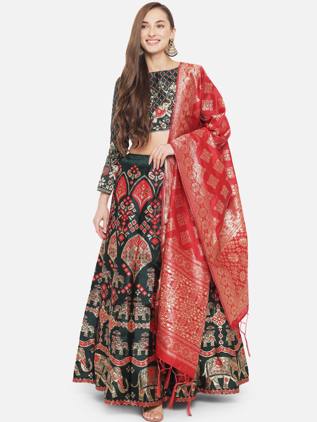Mitera Green & Red Ready to Wear Lehenga & Unstitched Blouse With Dupatta Price in India