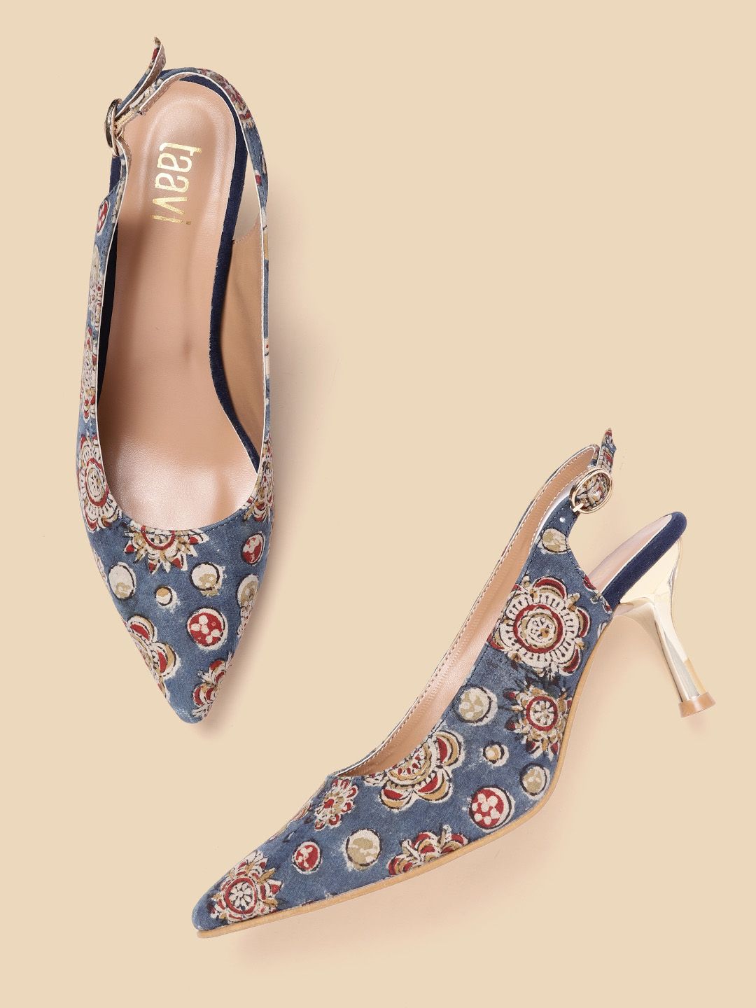 Taavi Blue & Off White Printed Slim Heel Mules Price in India