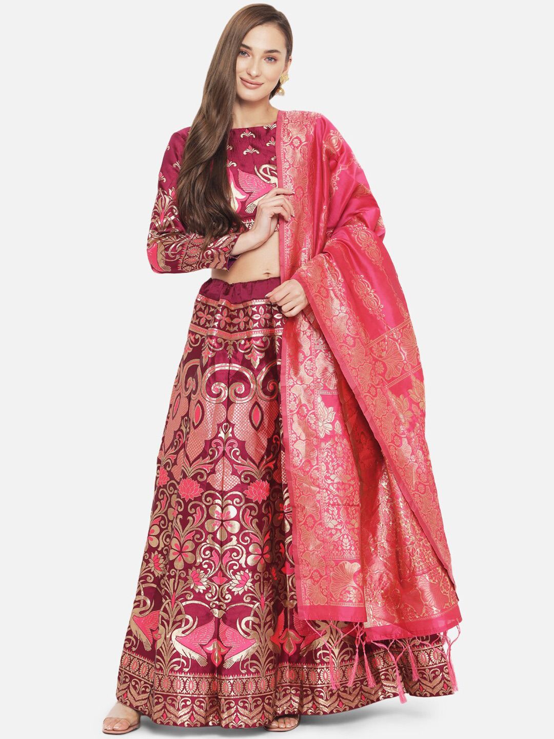 Mitera Women Purple & Pink Stitched Lehenga & Unstitched Blouse with Dupatta Price in India