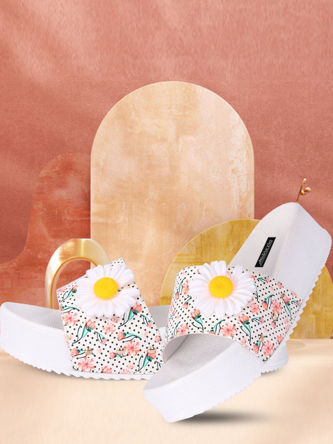 Alishtezia Women White & Pink Printed Sliders Price in India