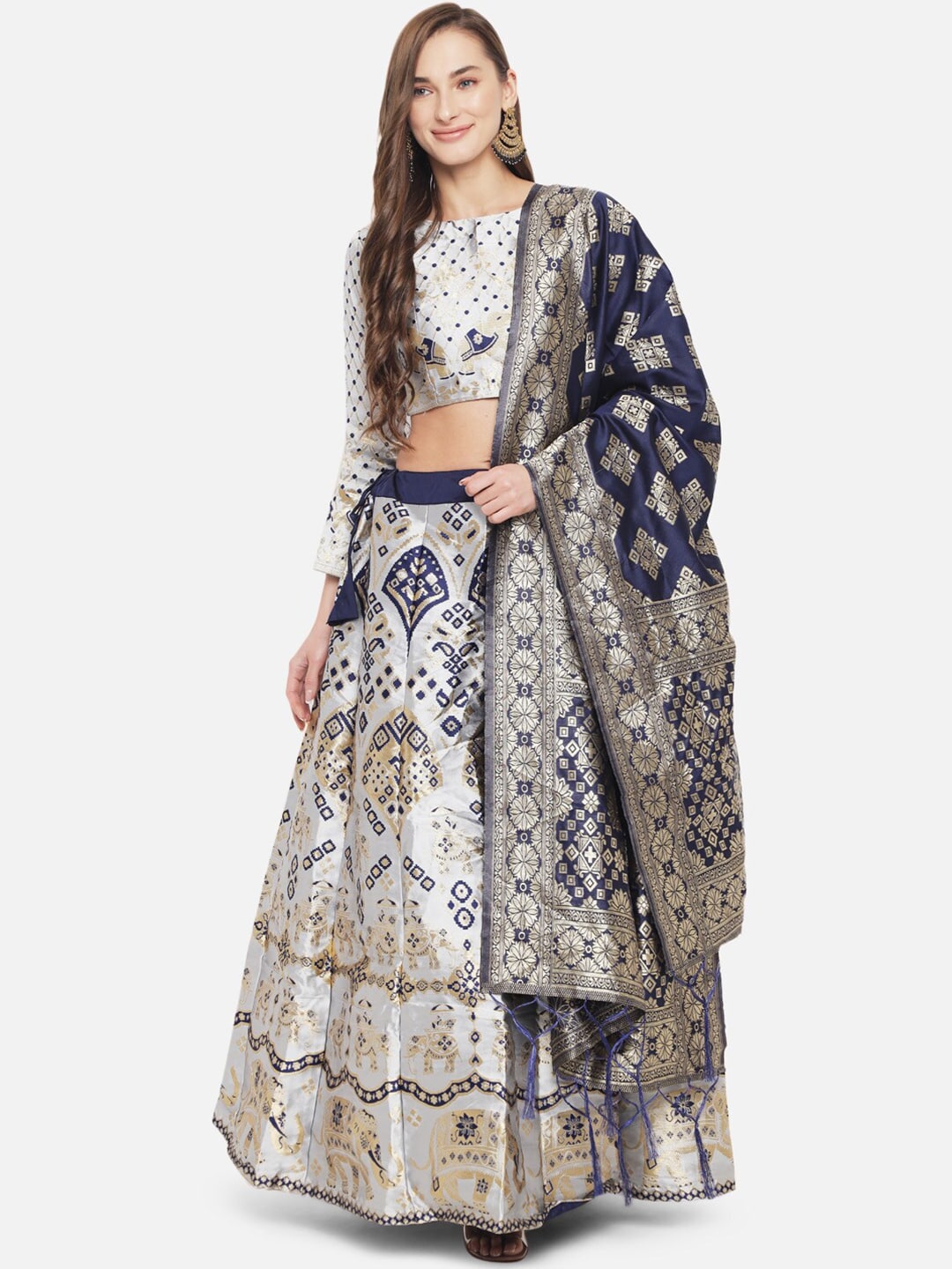 Mitera White & Navy Blue Embroidered Ready to Wear Lehenga & Unstitched Blouse With Dupatta Price in India