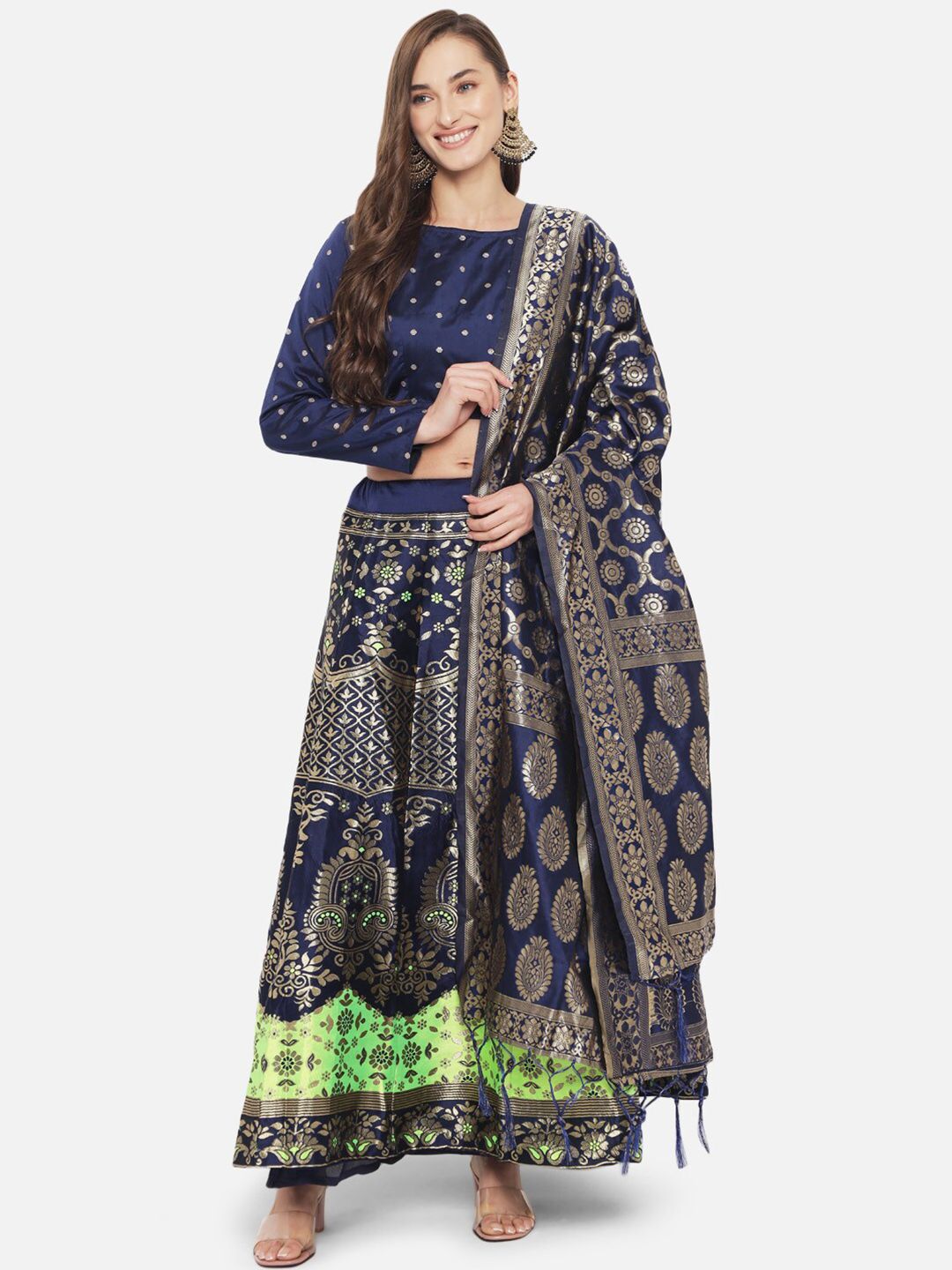 Mitera Navy Blue & Gold-Toned Embroidered Ready to Wear Lehenga & Unstitched Blouse With Dupatta Price in India