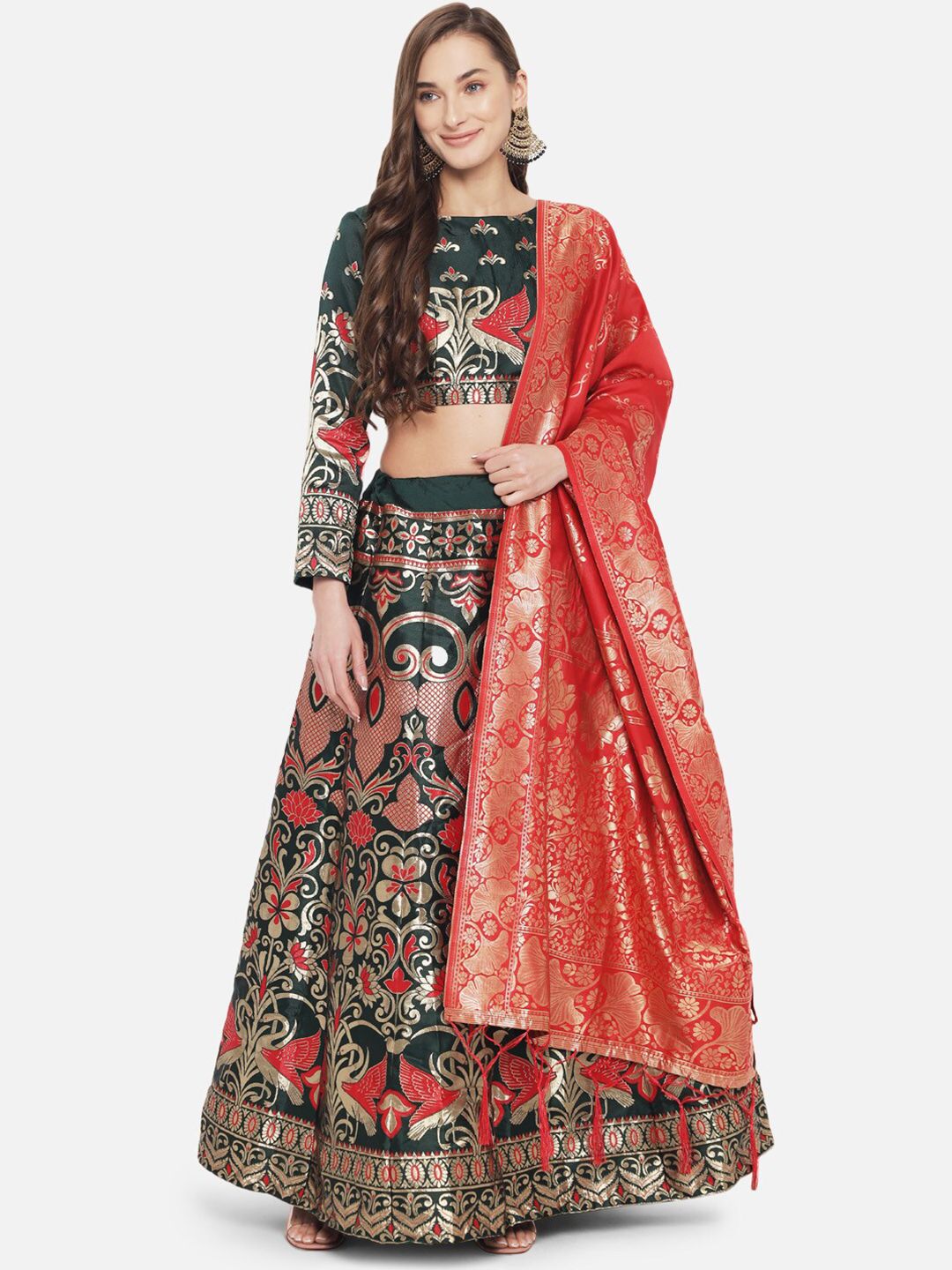 Mitera Green & Gold-Toned Ready to Wear Lehenga & Unstitched Blouse With Dupatta Price in India