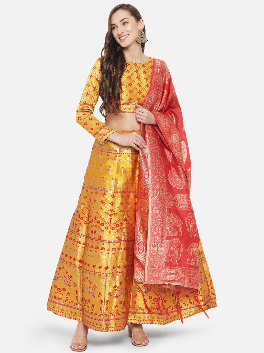 Mitera Yellow & Red Woven Design Read To Wear Lehenga & Unstitched Blouse With Dupatta Price in India