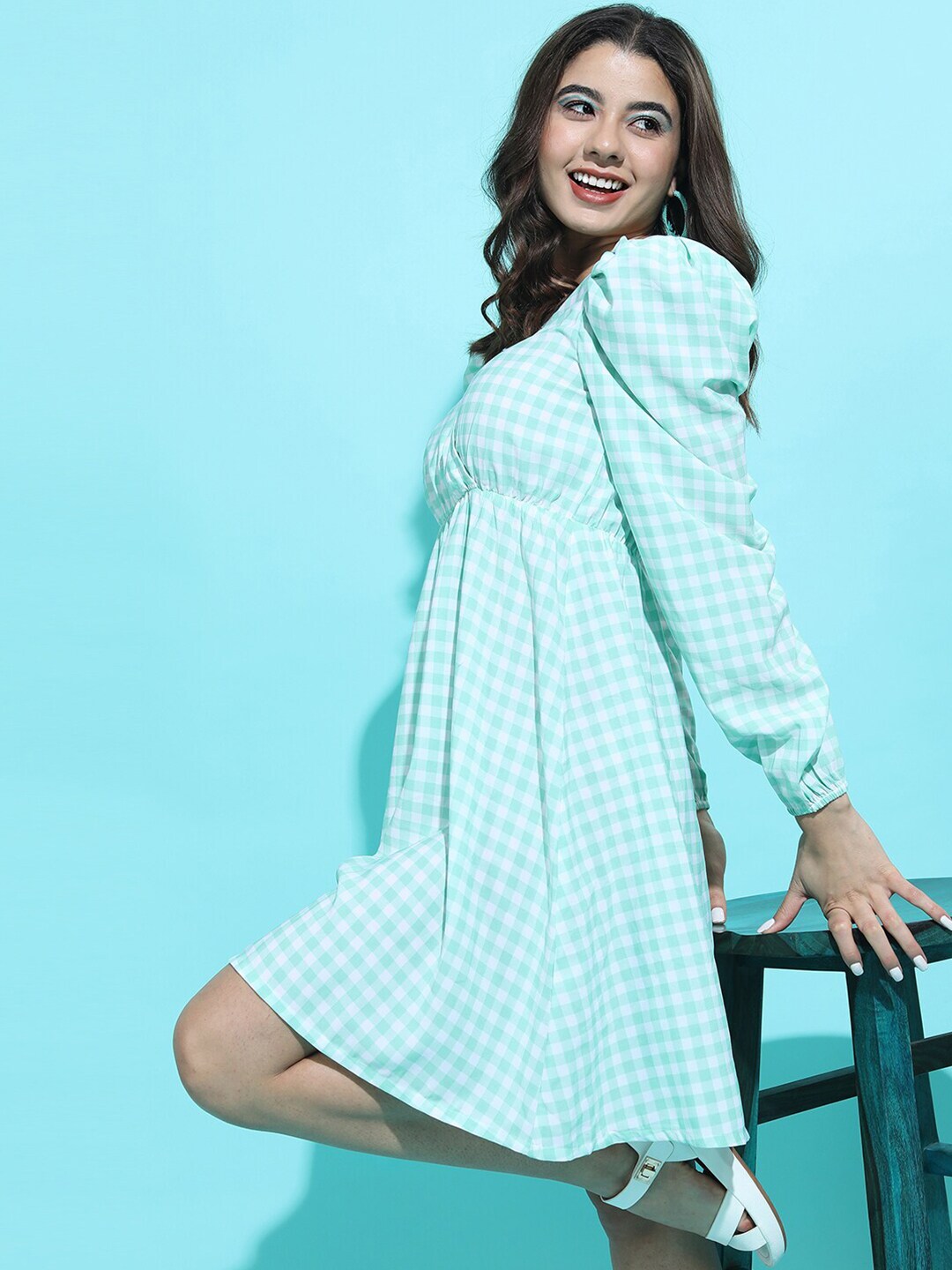 Tokyo Talkies Women Stunning Blue Checked Dress Price in India