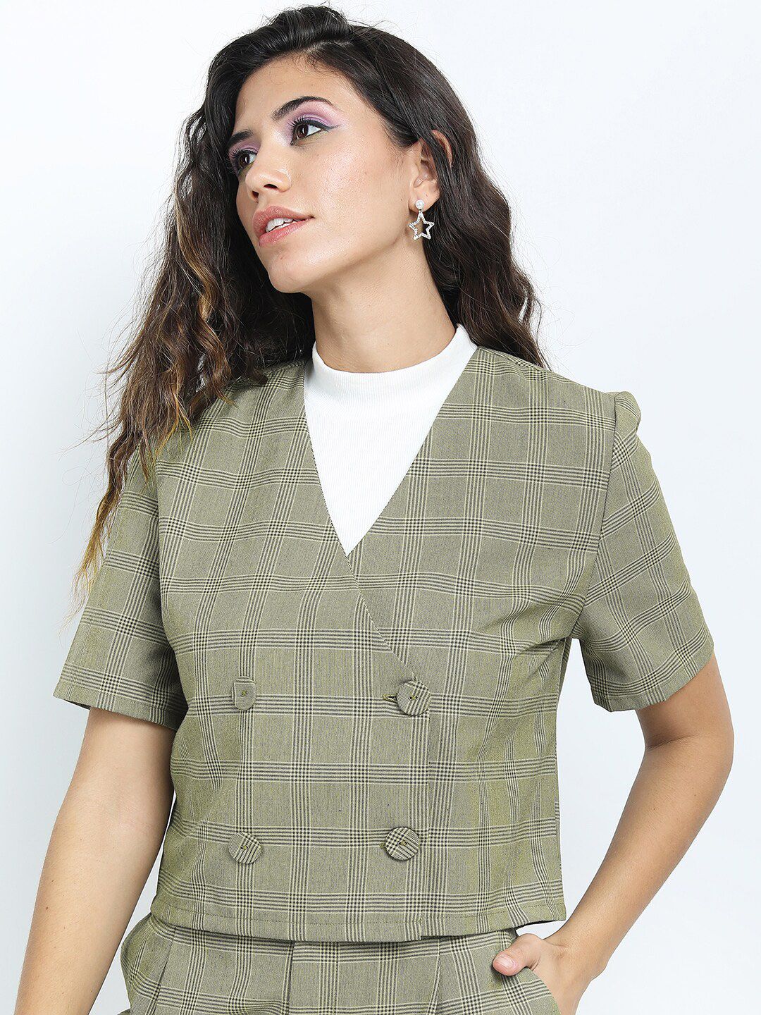 Tokyo Talkies Women Green Checked Double Breasted Casual Crop Blazer Price in India