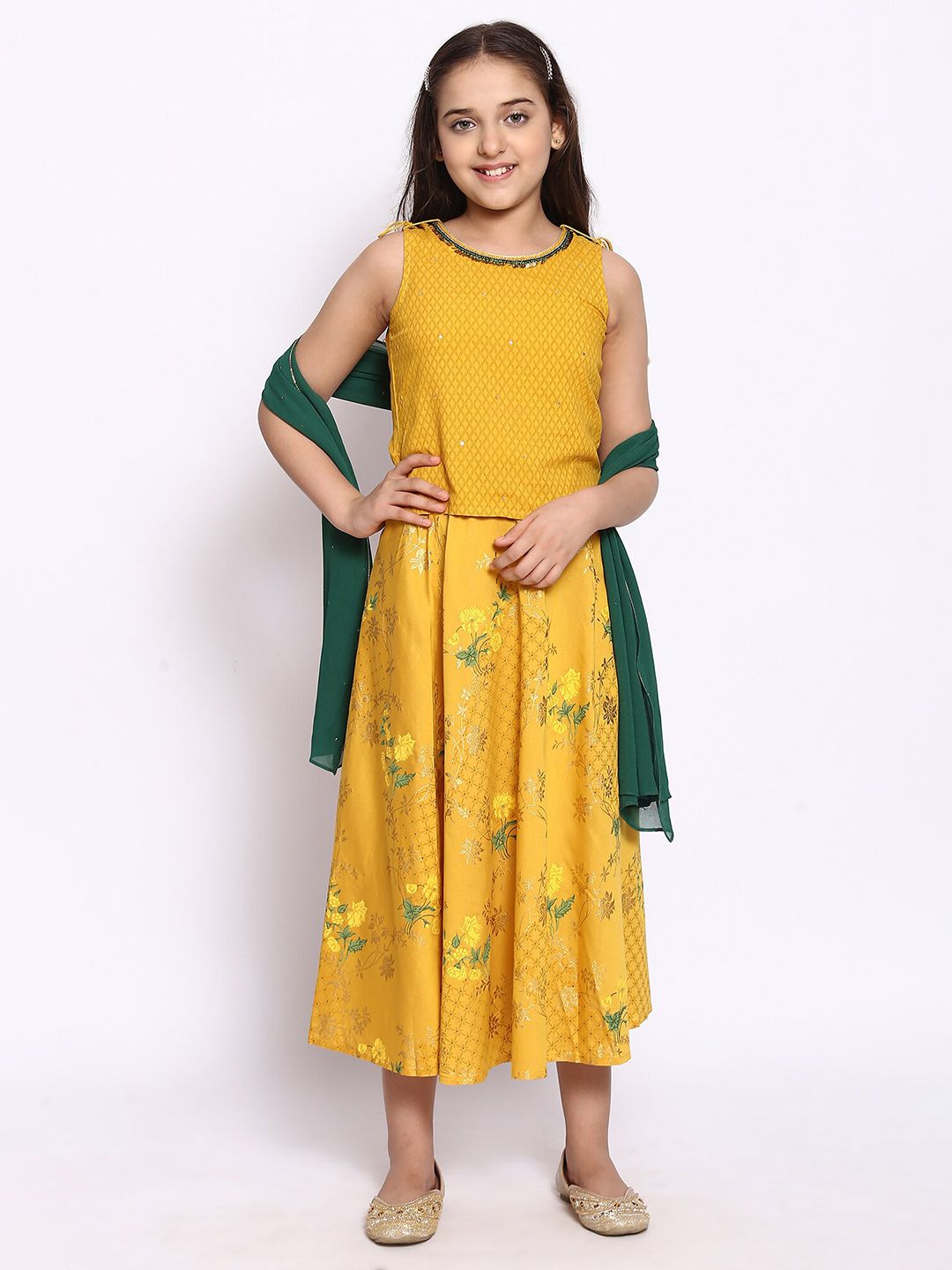 AURELIA Girls Yellow & Green Printed Fusion Lehenga Choli