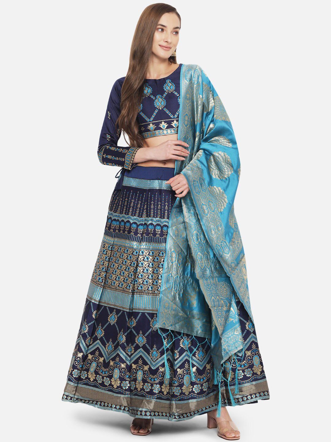 Mitera Turquoise Blue & Navy Printed Ready to Wear Lehenga & Unstitched Blouse With Dupatta Price in India