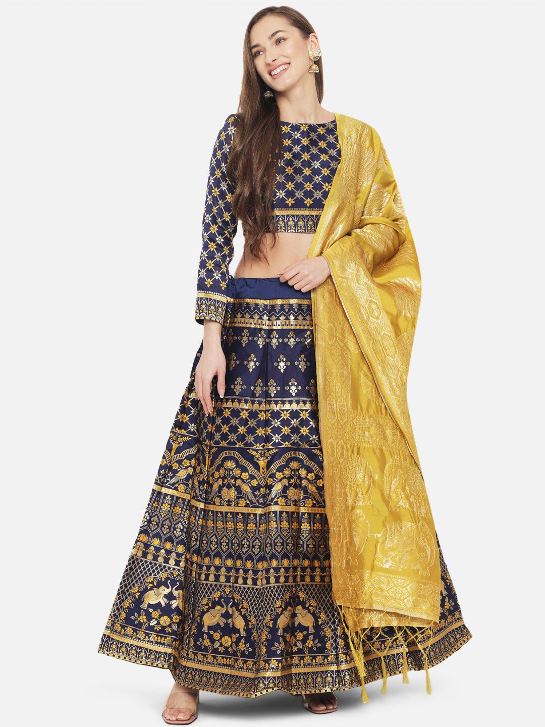 Mitera Yellow & Navy Blue Embroidered Ready to Wear Lehenga Choli With Dupatta Price in India