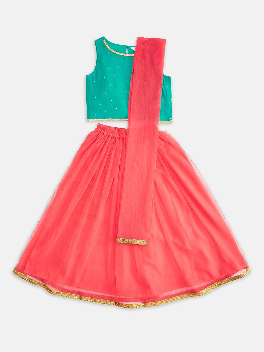 AKKRITI BY PANTALOONS Girls Turquoise Blue & Peach-Coloured Embellished Semi-Stitched Lehenga & Ready to