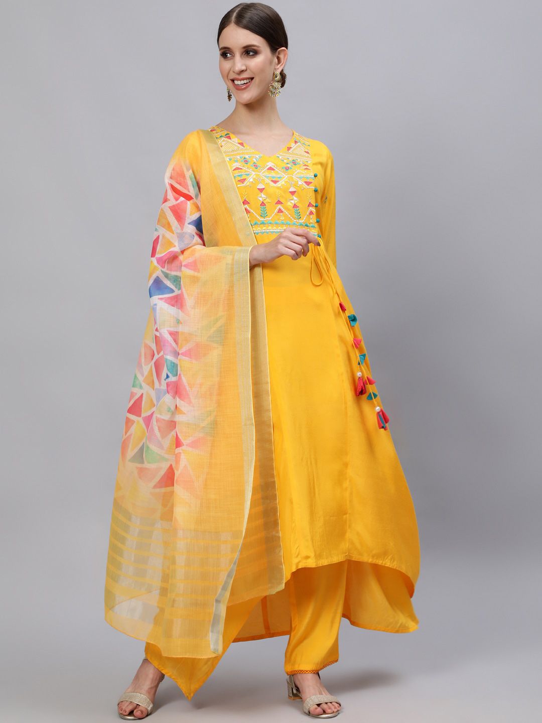 Jaipur Kurti Women Yellow Embroidered A-Line Kurta with Trousers & With Dupatta Price in India