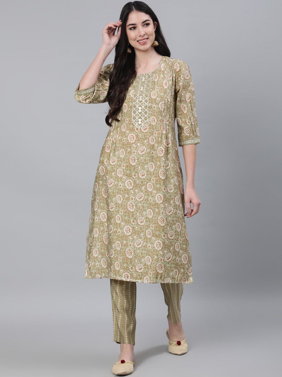 Jaipur Kurti Women Green & Brown Floral Printed Chanderi Cotton Kurta with Trousers Price in India