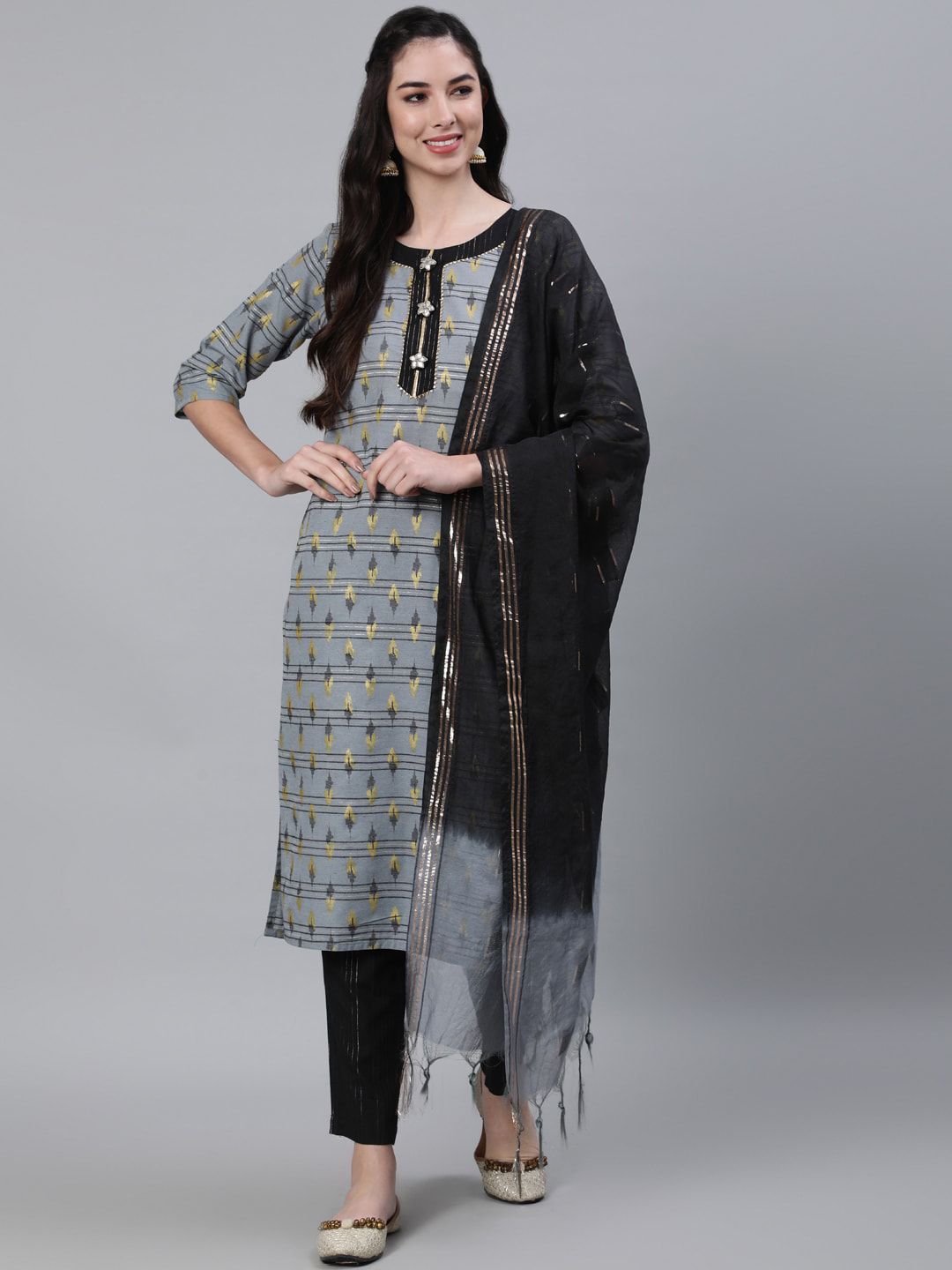 Jaipur Kurti Women Grey Printed Gotta Patti Kurta with Trousers & Dupatta Price in India