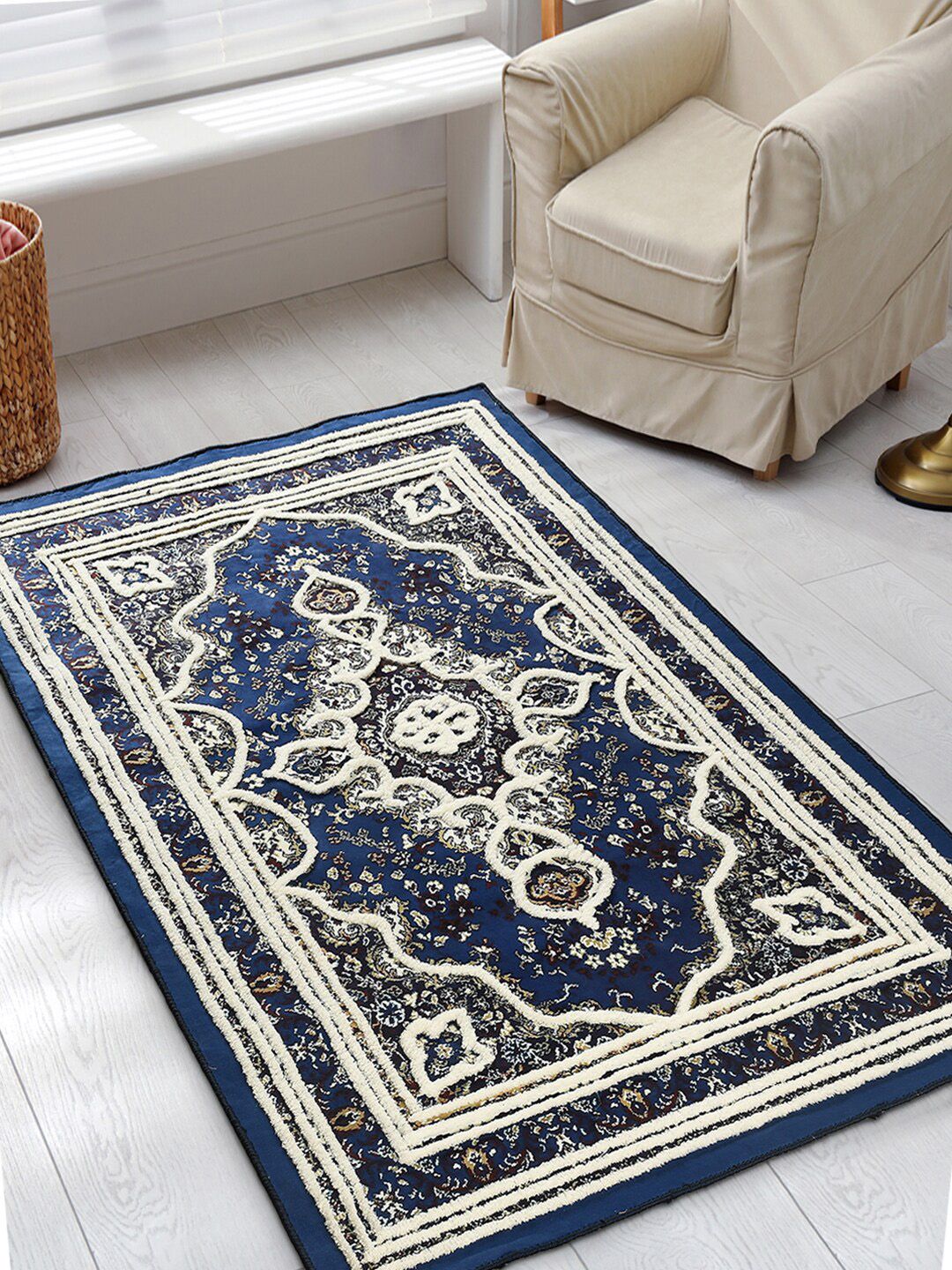 AAZEEM Navy Blue & Off-White Traditional Printed Anti-Skid Carpet Price in India
