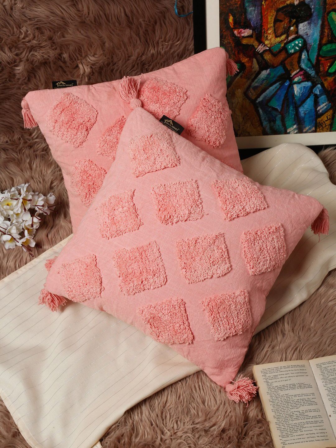 HOSTA HOMES Set Of 2 Pink Geometric Embroidered Pure Cotton Square Cushion Covers Price in India