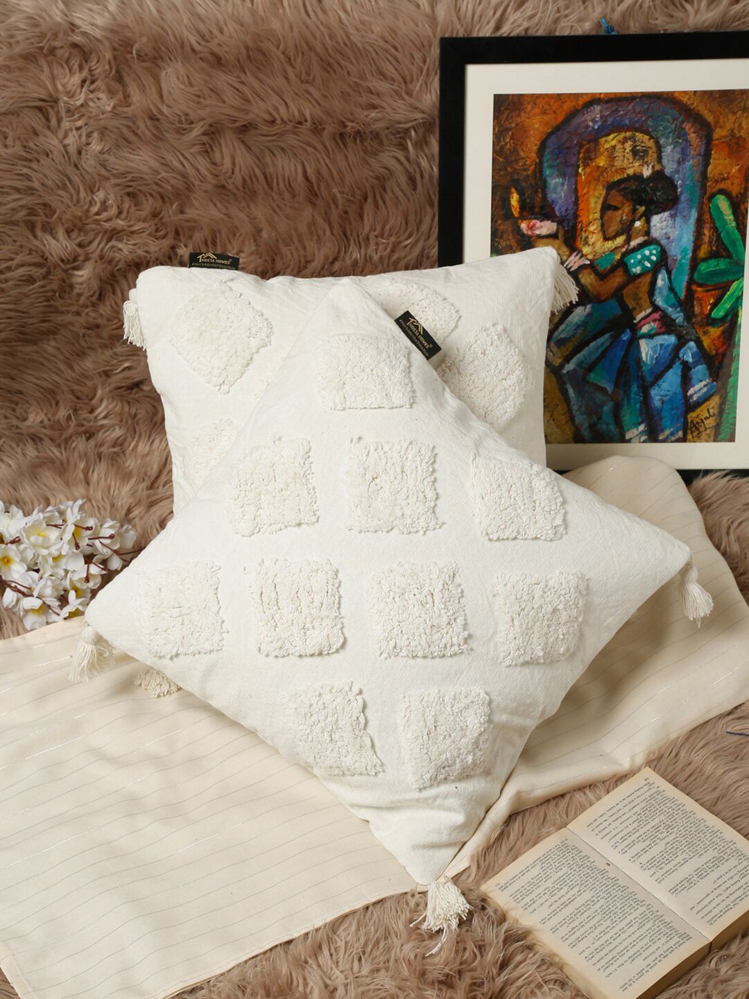 HOSTA HOMES Set Of 2 White Geometric Embroidered Pure Cotton Square Cushion Covers Price in India