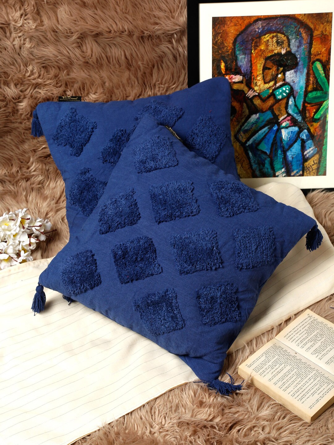 HOSTA HOMES Blue Set of 2 Geometric Square Cushion Covers Price in India