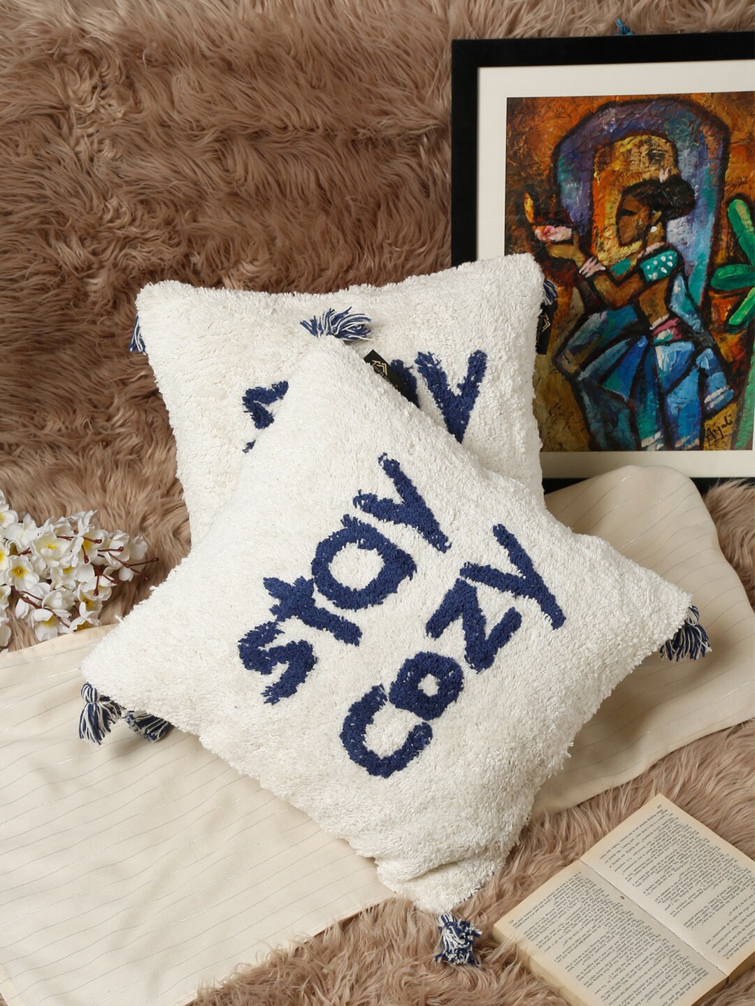 HOSTA HOMES Set Of 2 Blue & White Geometric Embroidered Pure Cotton Square Cushion Covers Price in India