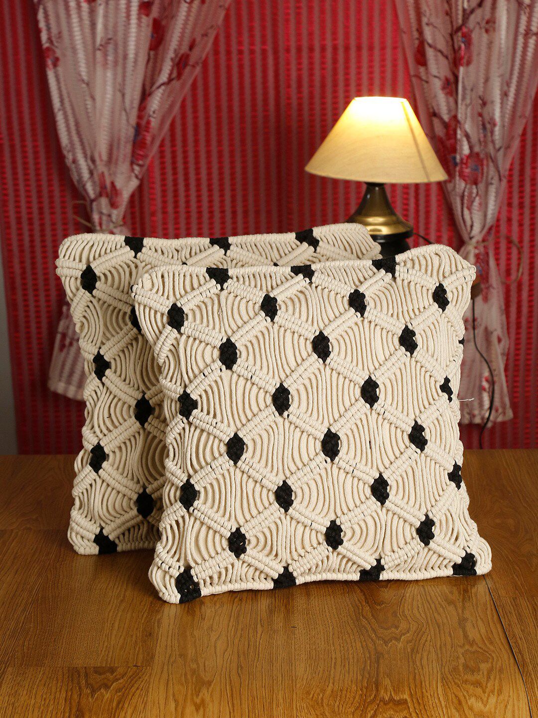 HOSTA HOMES Set Of 2 Black & Off White Embroidered Pure Cotton Square Cushion Covers Price in India