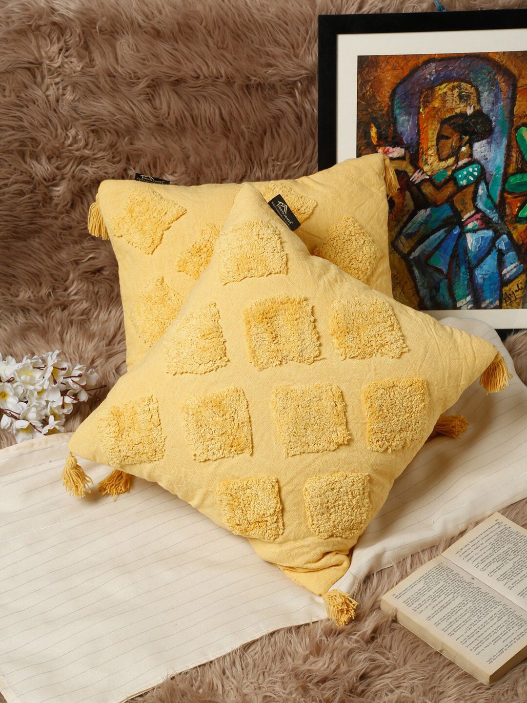 HOSTA HOMES Set Of 2 Yellow Geometric Pure Cotton Square Cushion Covers Price in India
