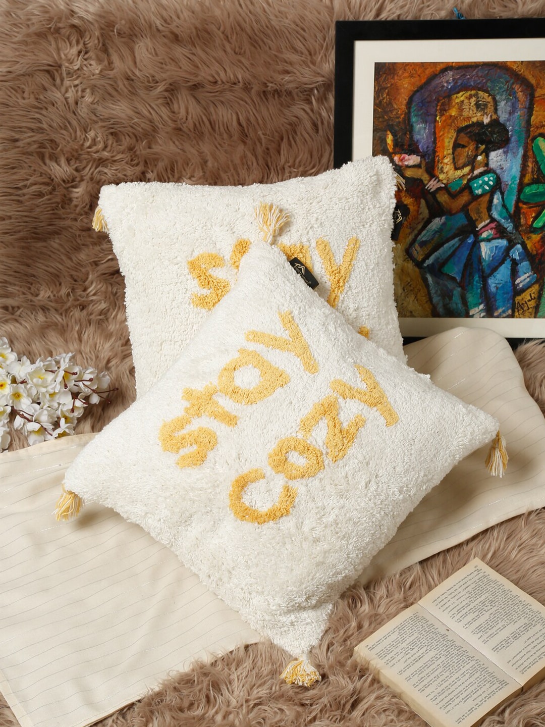 HOSTA HOMES Set Of 2 White & Yellow Geometric Pure Cotton Square Cushion Covers Price in India