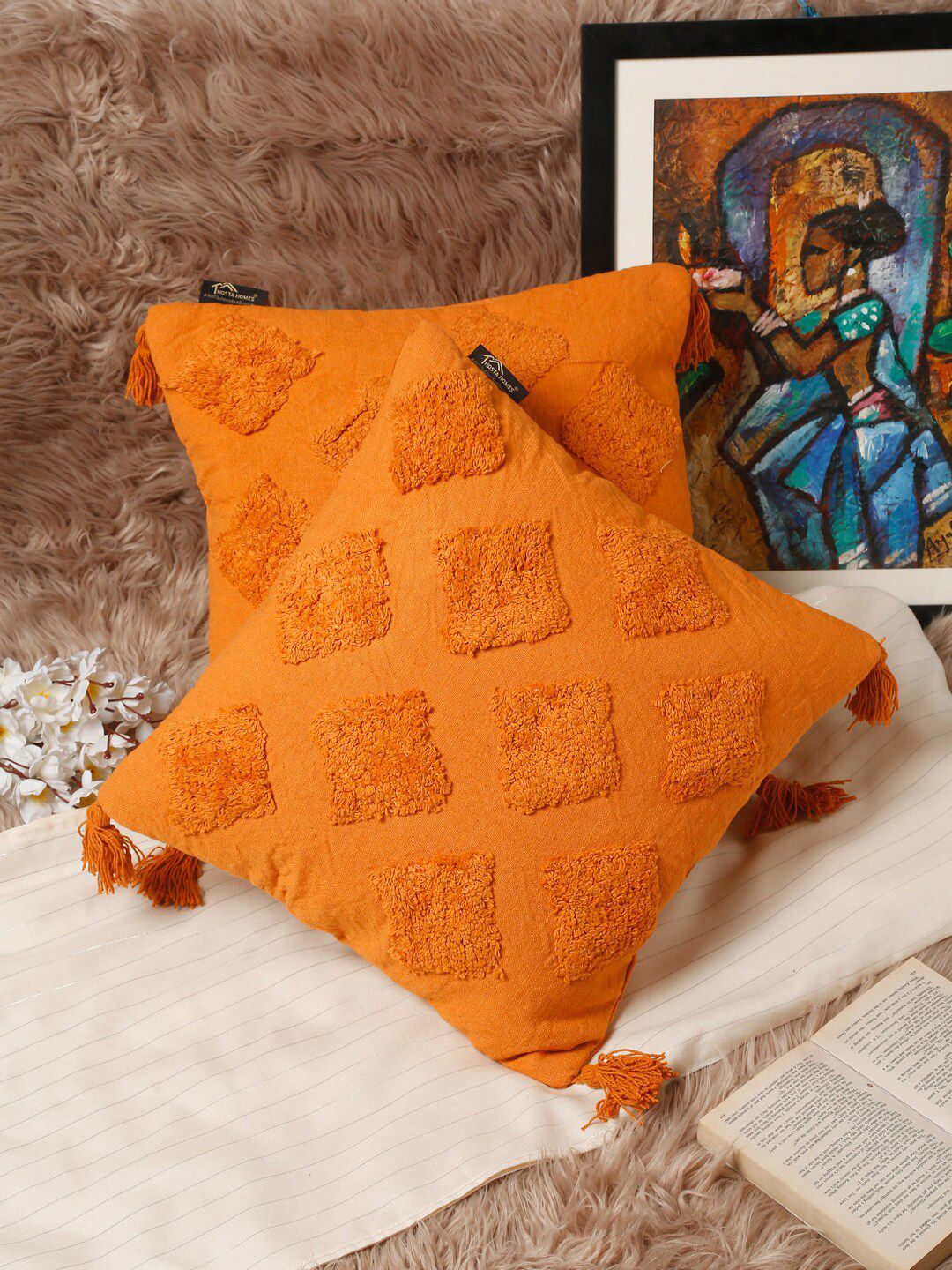 HOSTA HOMES Set Of 2 Orange Geometric Pure Cotton Square Cushion Covers Price in India