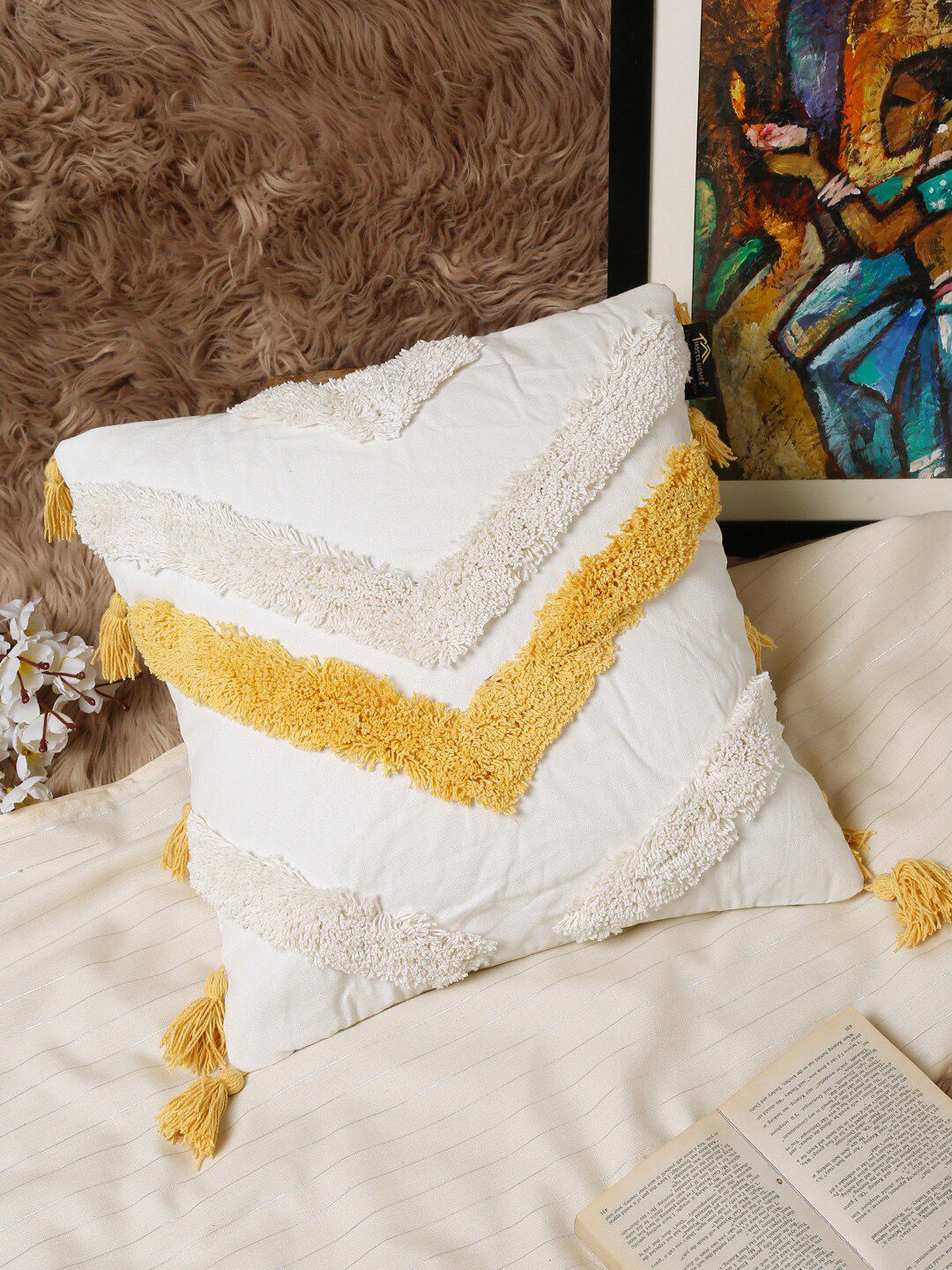 HOSTA HOMES White & Mustard Geometric Square Pure Cotton Cushion Covers Price in India