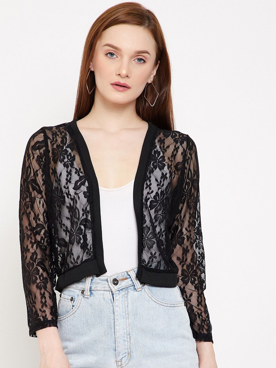 Camey Women Black Self-Design Floral Crop Open Front Shrug Price in India