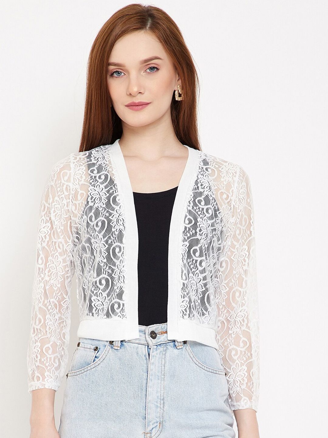 Camey Women White Self-Design Sheer Open Front Shrug Price in India