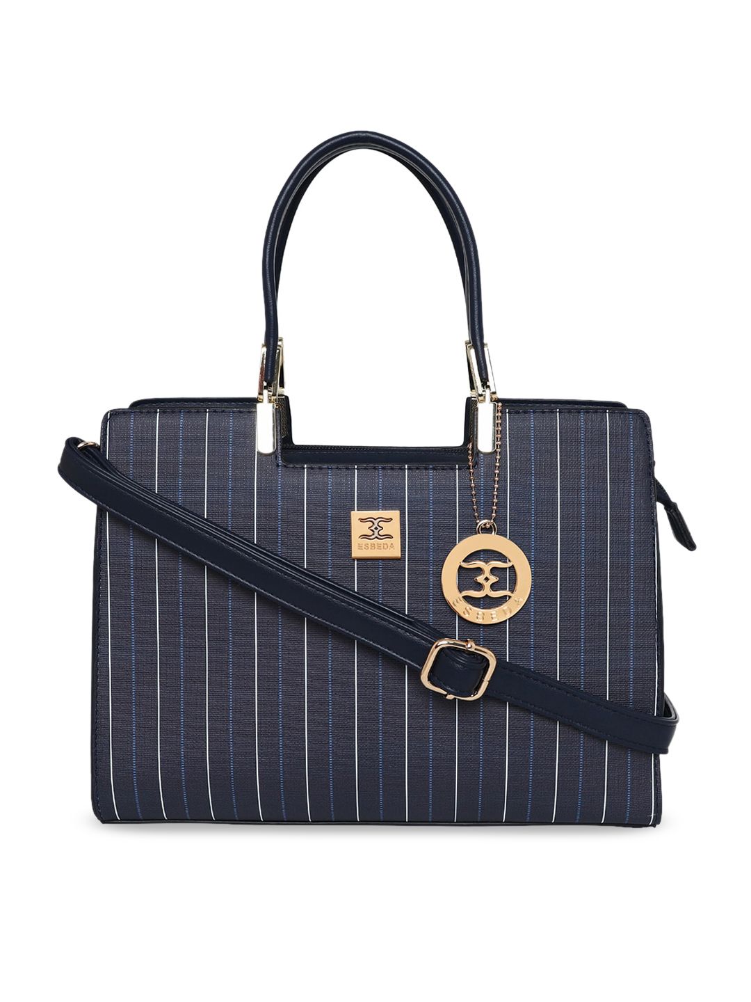 ESBEDA Navy Blue Striped PU Structured Satchel Price in India