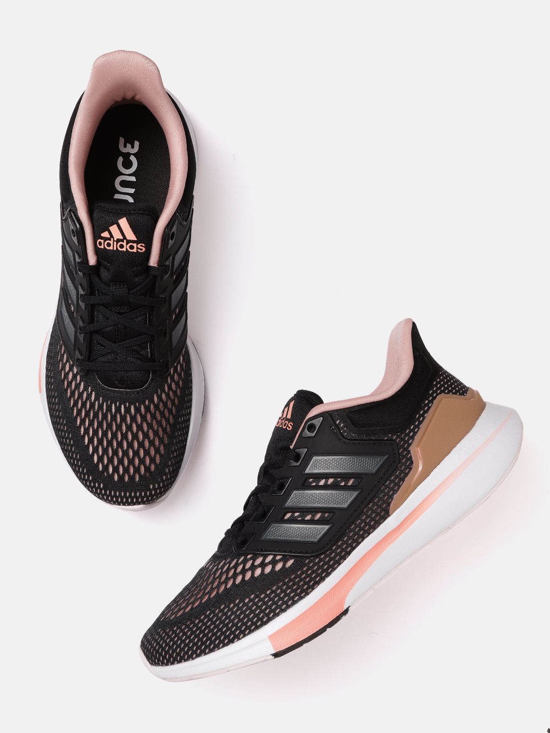 ADIDAS Women Black & Dusty Pink Woven Design EQ21 Run Shoes Price in India