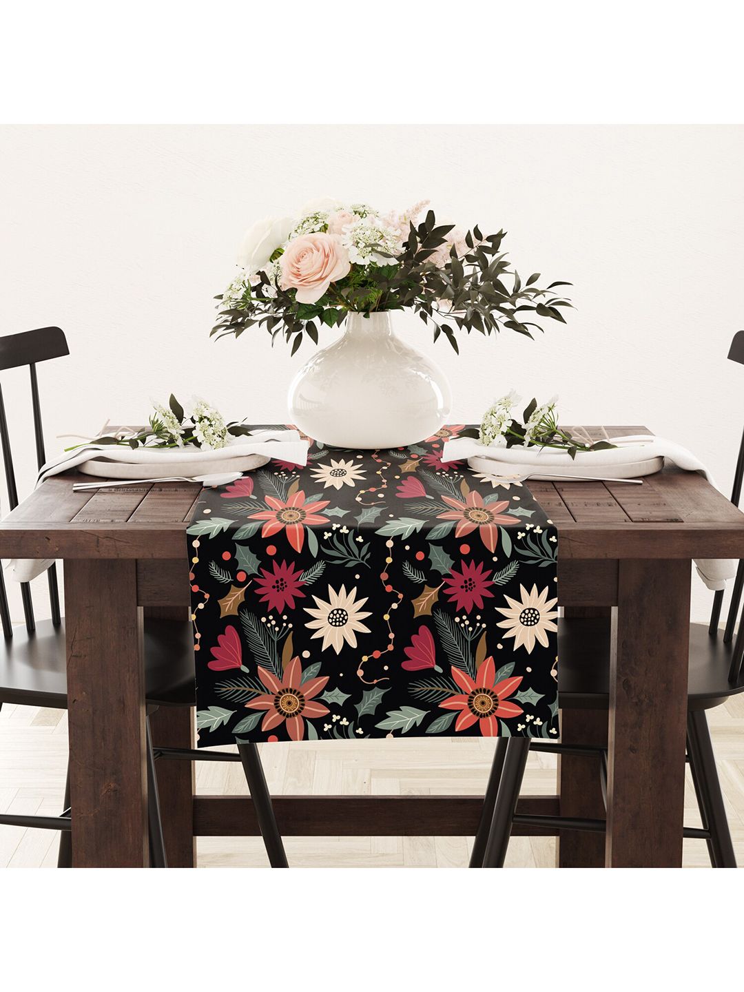STYBUZZ Black & Red Floral Printed Table Runner Price in India