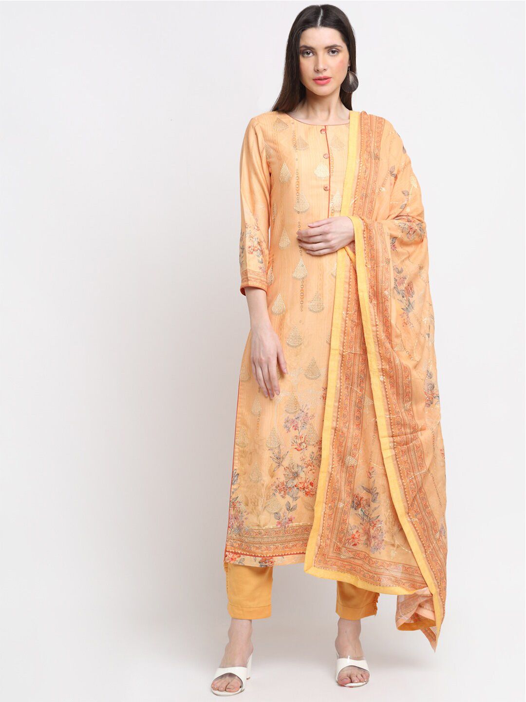 Stylee LIFESTYLE Women Peach & Gold-Toned Printed Unstitched Dress Material Price in India