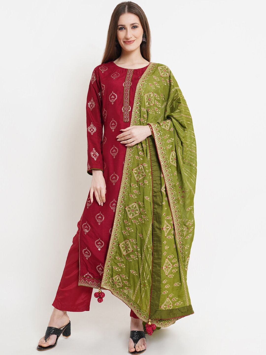 Stylee LIFESTYLE Women Maroon & Green Unstitched Dress Material Price in India