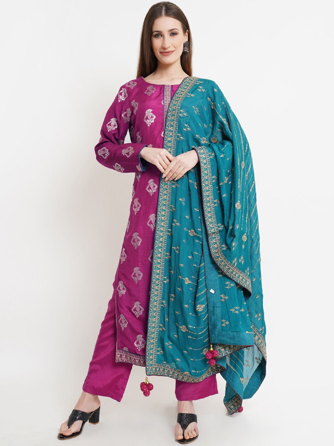 Stylee LIFESTYLE Magenta & Blue Printed Unstitched Dress Material Price in India