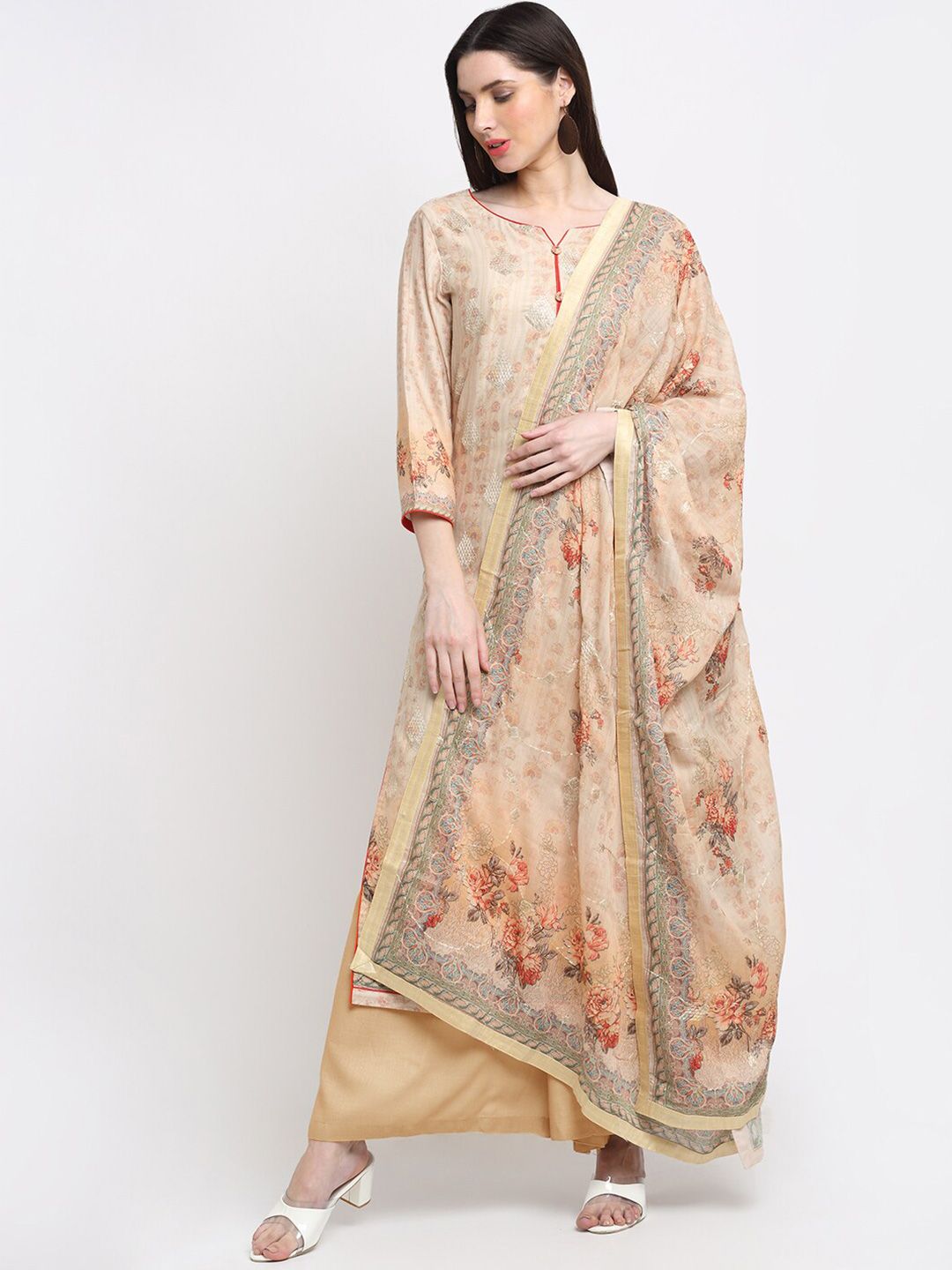 Stylee LIFESTYLE Beige & Orange Embroidered Unstitched Dress Material Price in India