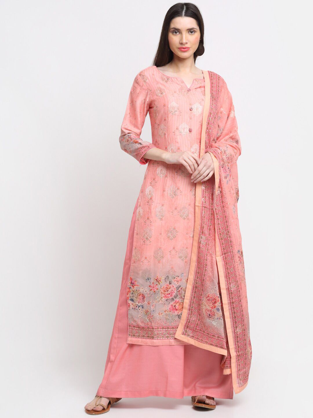 Stylee LIFESTYLE Women Pink & Blue Gold-Toned Floral Printed Unstitched Dress Material Price in India