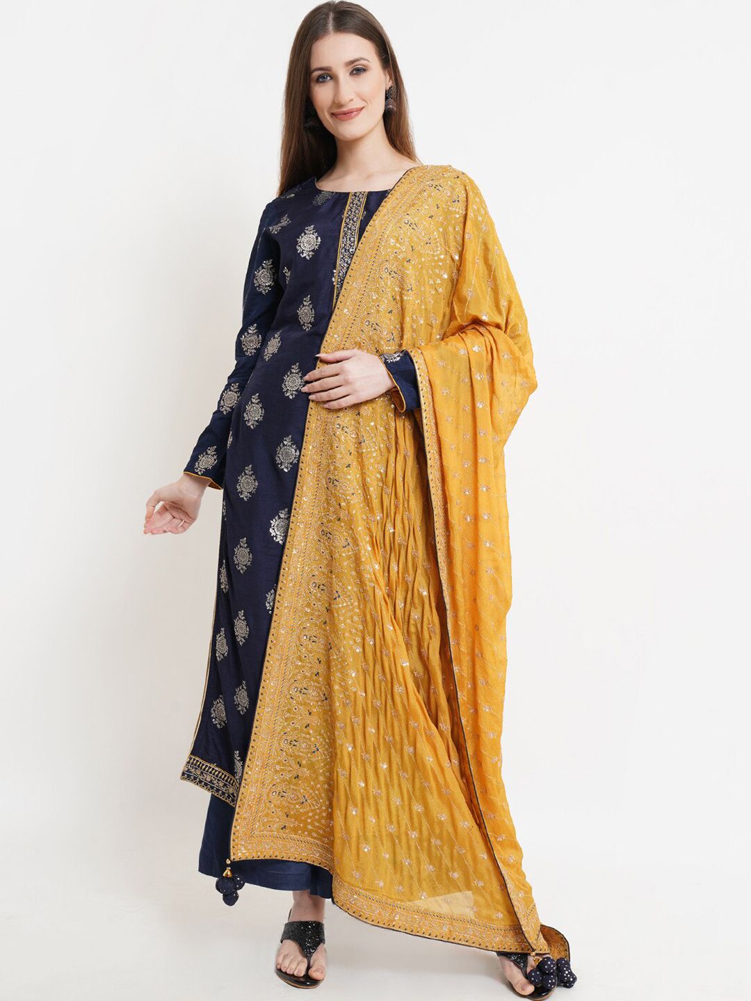 Stylee LIFESTYLE Navy Blue & Yellow Printed Unstitched Dress Material Price in India