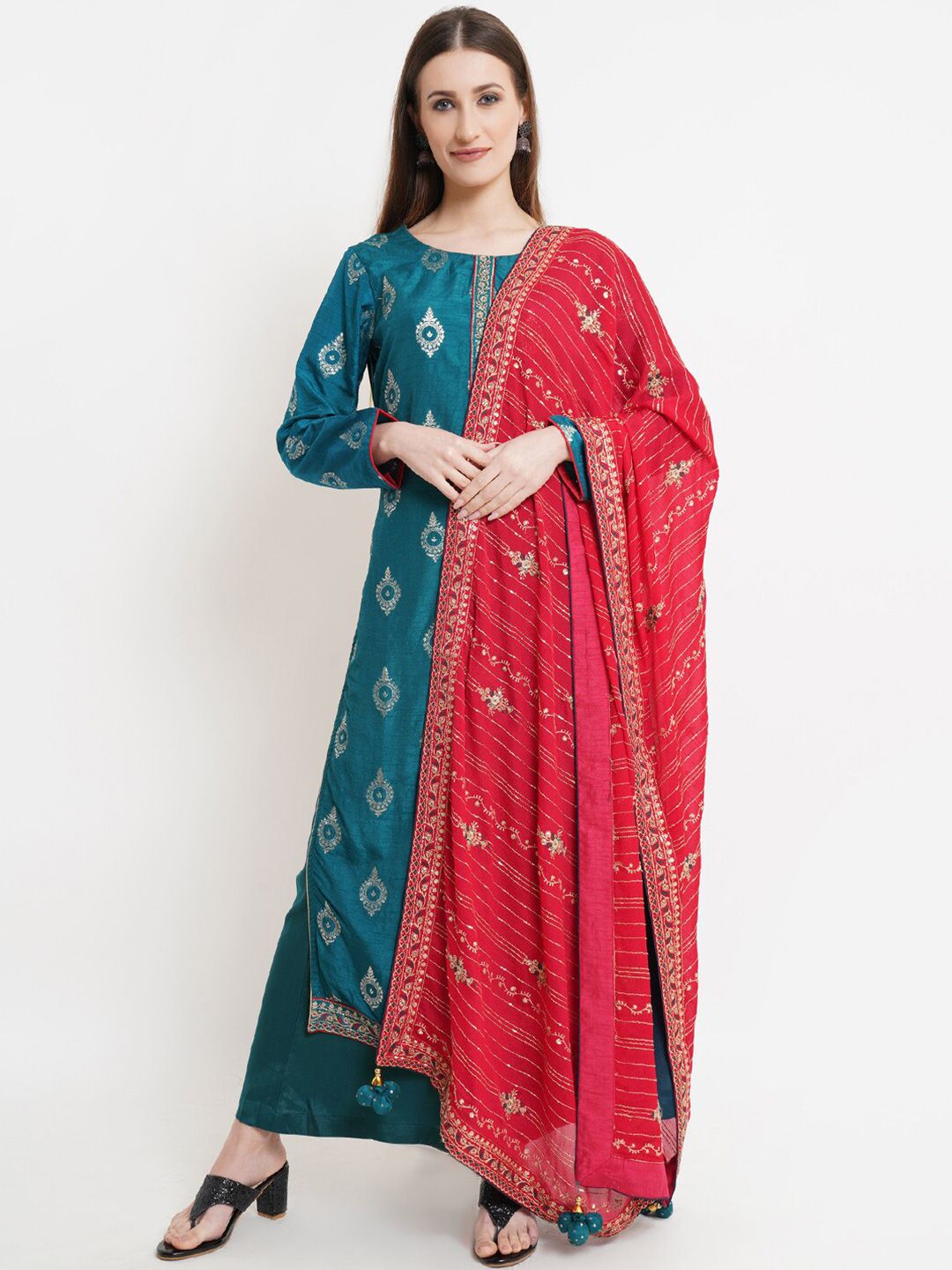 Stylee LIFESTYLE Women Teal & Red Unstitched Dress Material Price in India