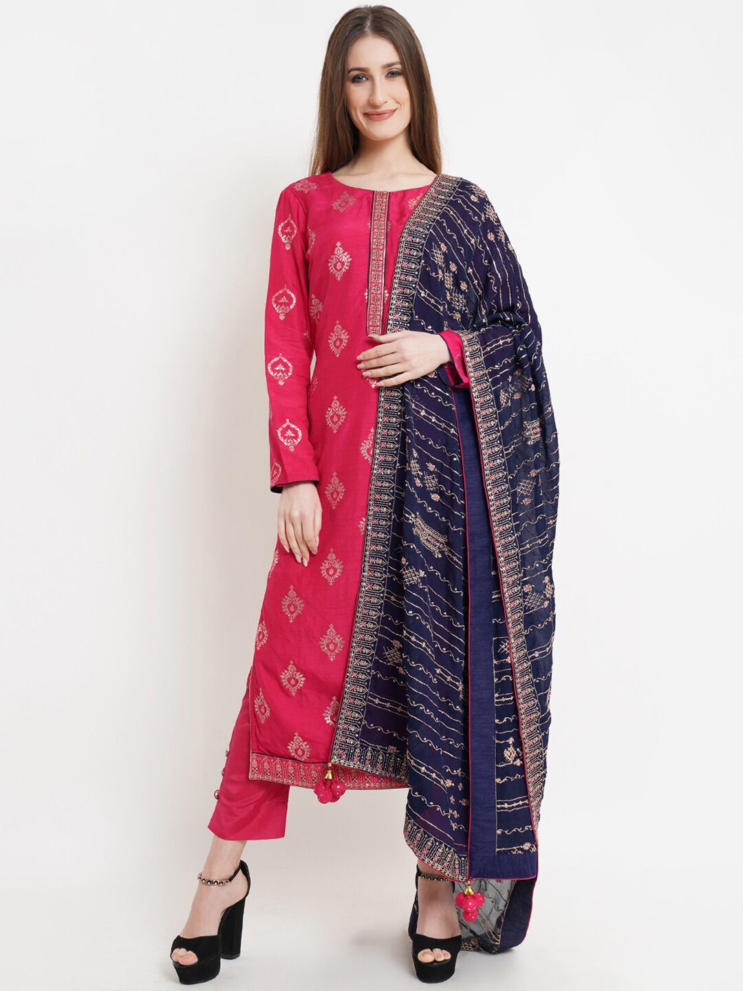 Stylee LIFESTYLE Pink & Navy Blue Printed Unstitched Dress Material Price in India